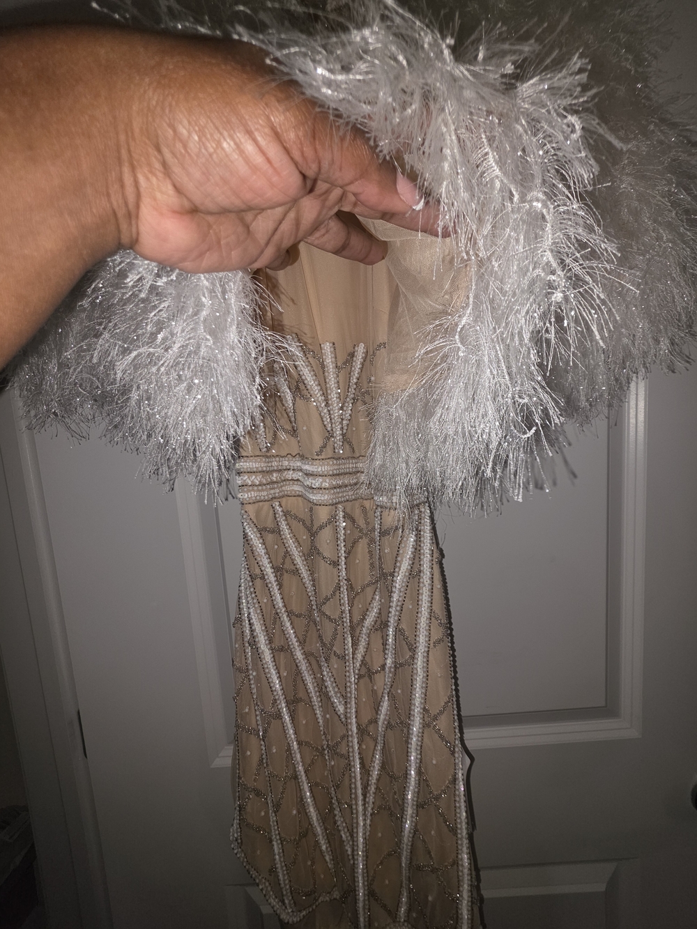 RARE ASOS LUXE Beaded Nude Evening Dress with Feather Cape - Picture 3 of 10